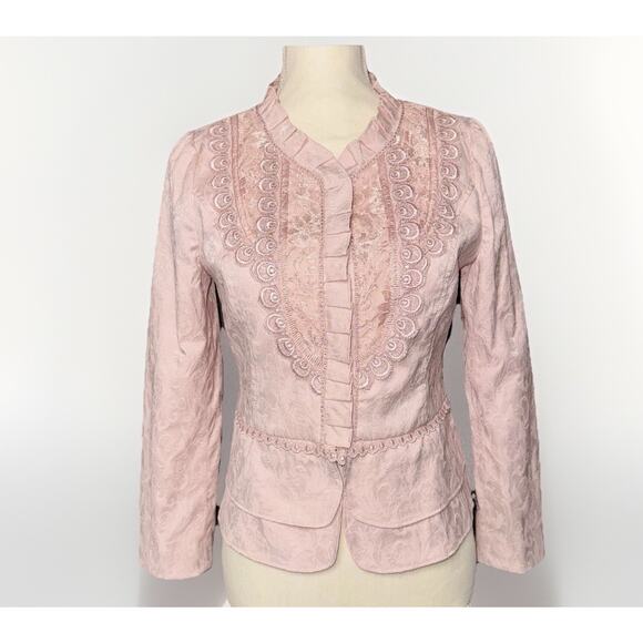 Besti Belli Small Korean Pink Brocade Jacket Ruffle Lace Snap Coquette Kawaii - Picture 1 of 9